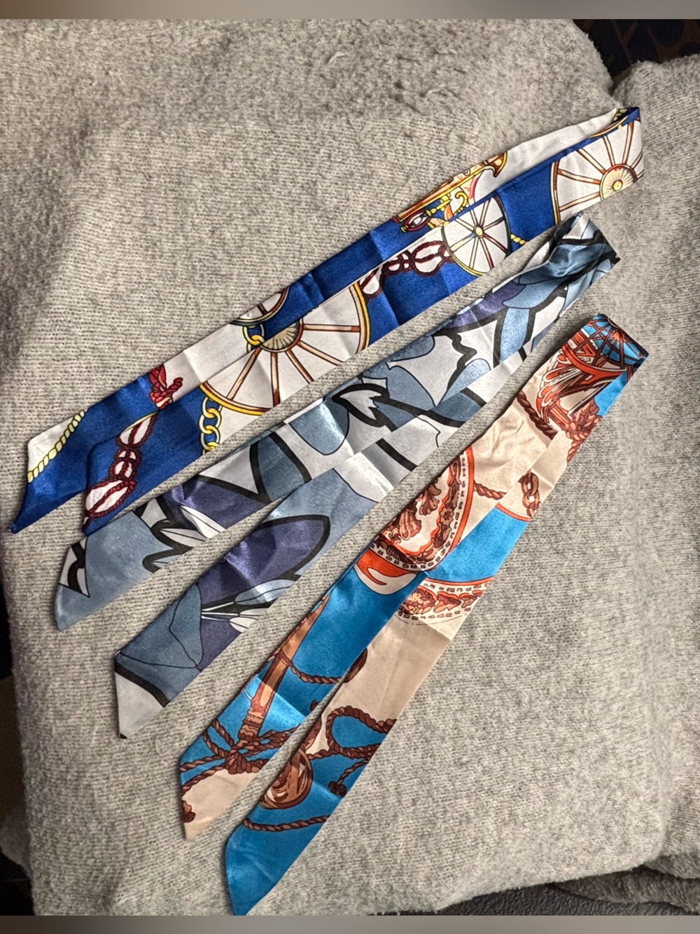 3 Bag Scarves/Silks, bag accessory in blues, yellows, purples